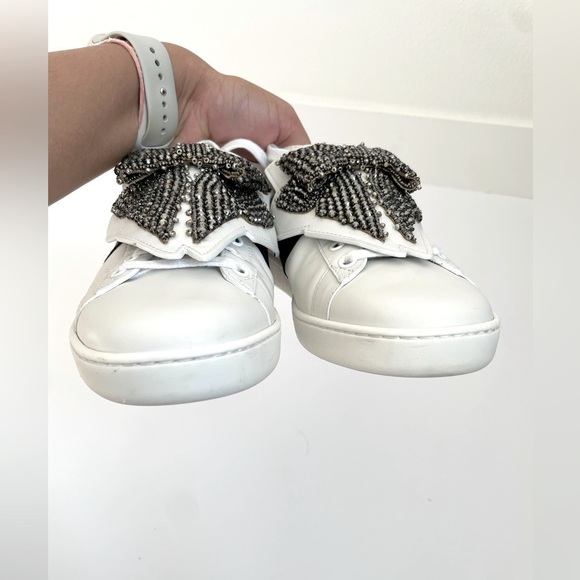 Gucci White Leather Ace Embellished Bow Patch Web Stripe low top sneakers EU38.5 - Picture 6 of 12